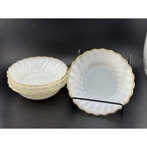 Vintage Anchor Hocking Gold Rimmed Milk Glass Berry Bowls - Set of 4